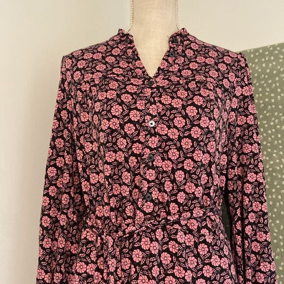 Boden Black & Pink Floral Long Sleeve Belted Midi Shirt Dress Size 10 - Picture 2 of 10